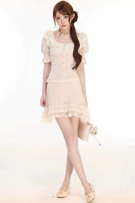 Floral Lace Lantern Sleeve Top and Chiffon Skirt Set-Up