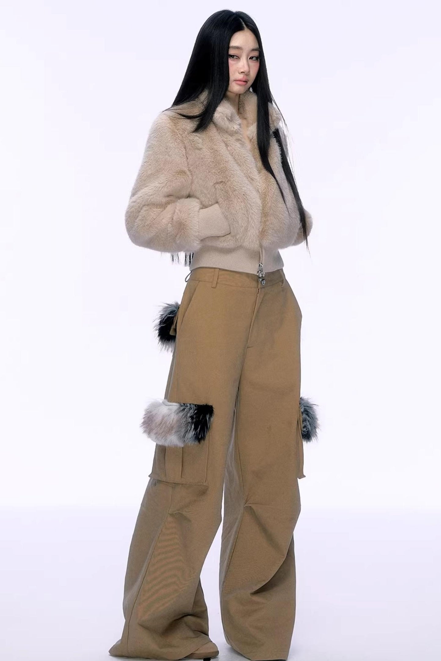 우아한 페이크 퍼 패치워크 코트