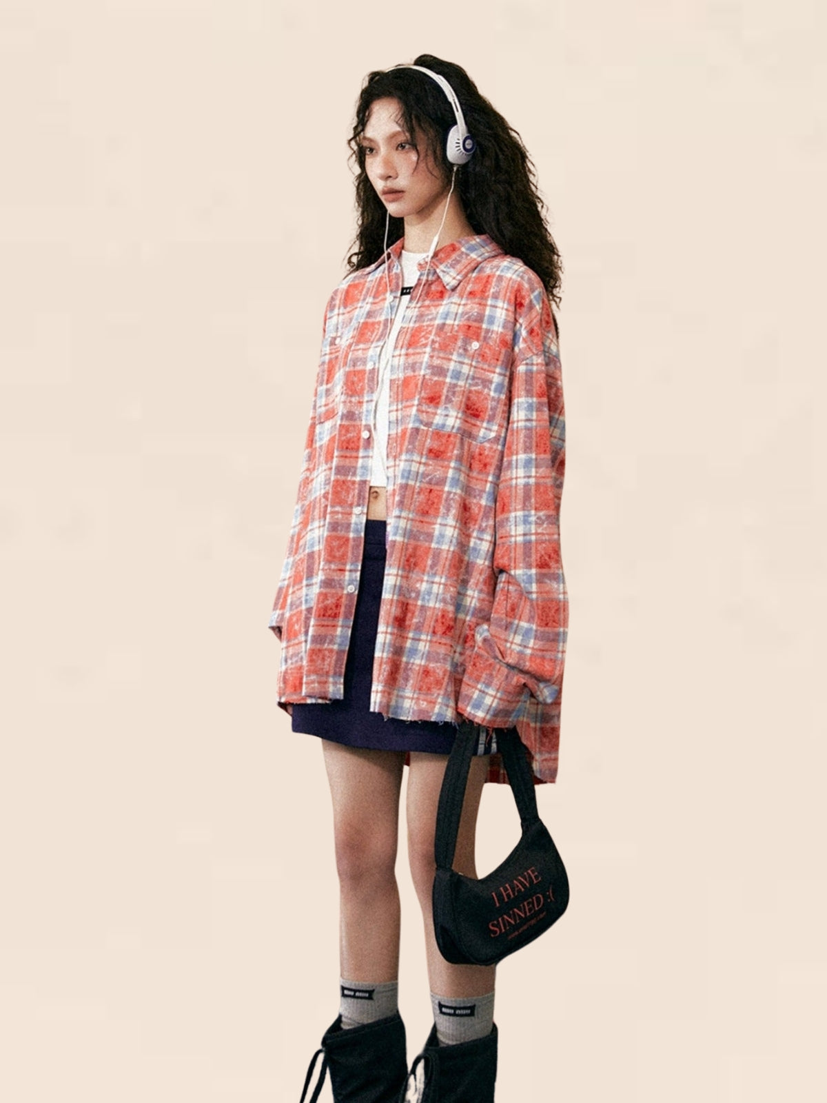 Stitching Contrasting Plaid Long-Sleeved Shirt