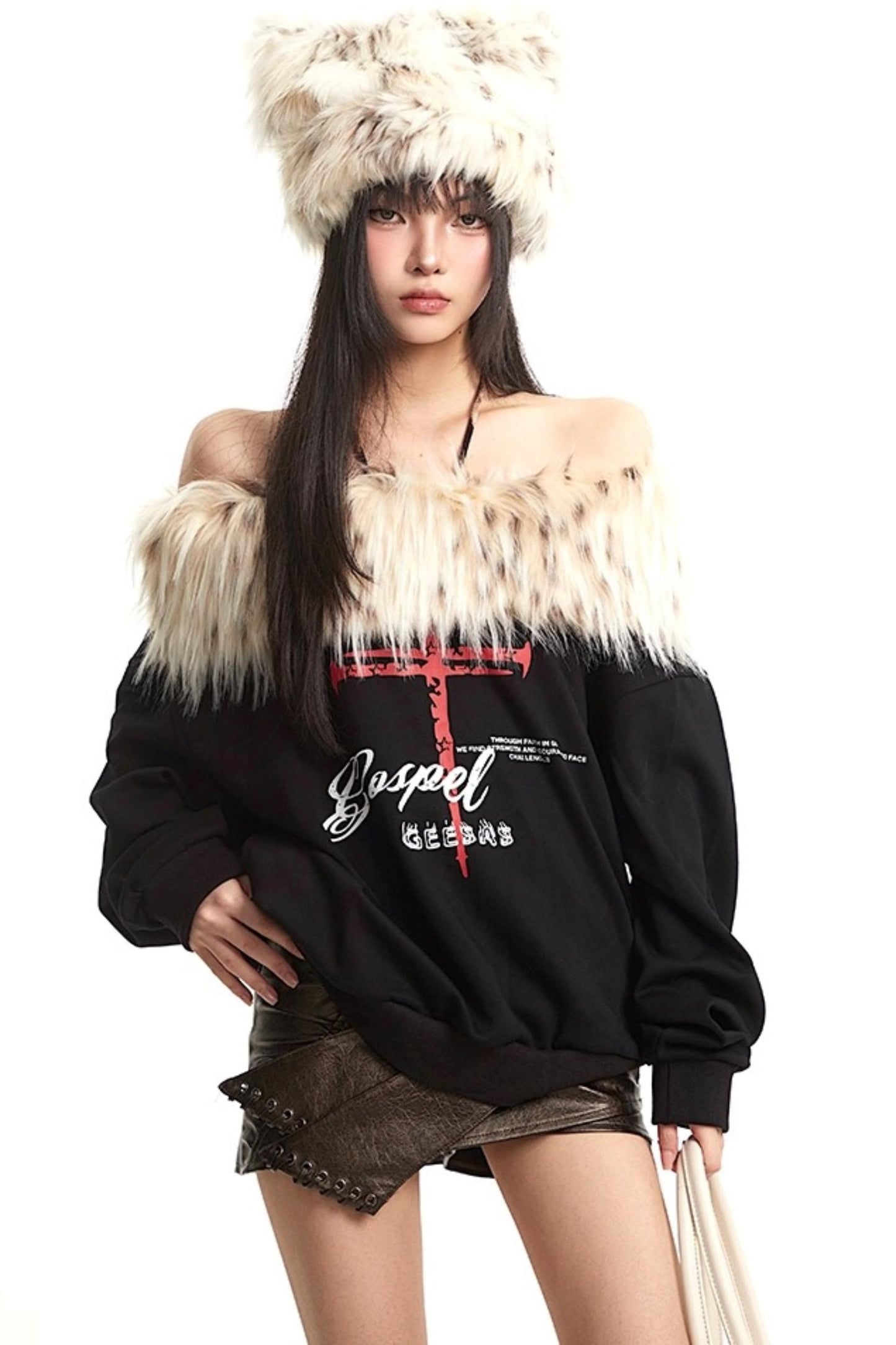 Vintage Apricot One-Shoulder Fur Collar Sweatshirt