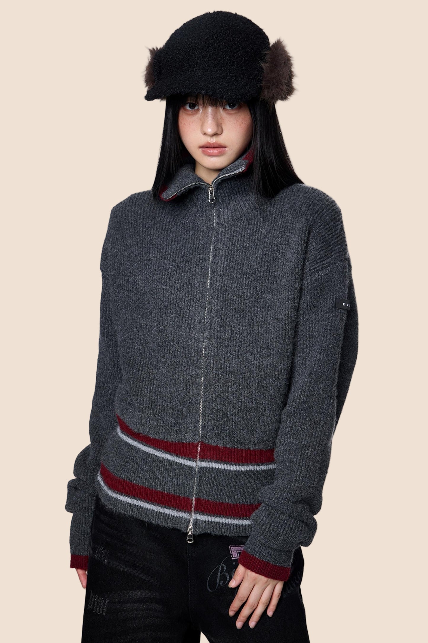 Stand Neck Stripe Sweater Jacket