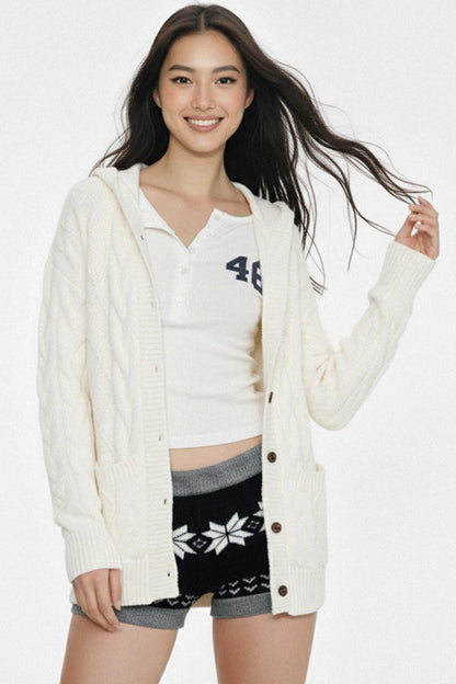 White Twist-Knit Hooded Cardigan