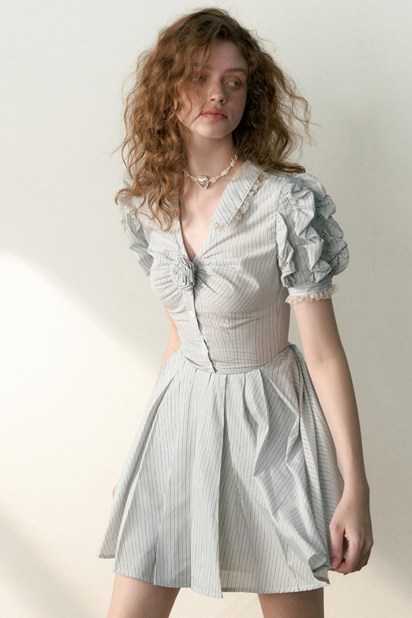 Blue Striped Bubble Sleeve Floral Pleated Dress