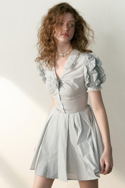 Blue Striped Bubble Sleeve Floral Pleated Dress