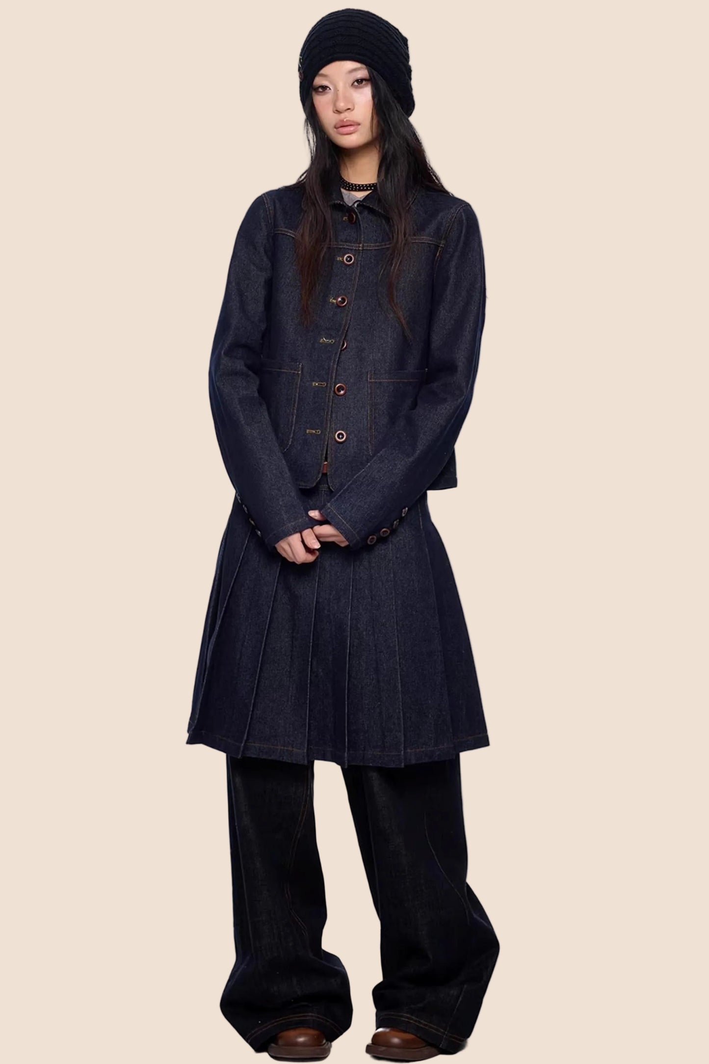 Retro Denim Faltenrock Anzug Set