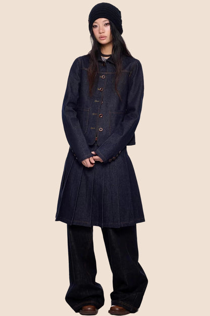 Retro Denim Faltenrock Anzug Set