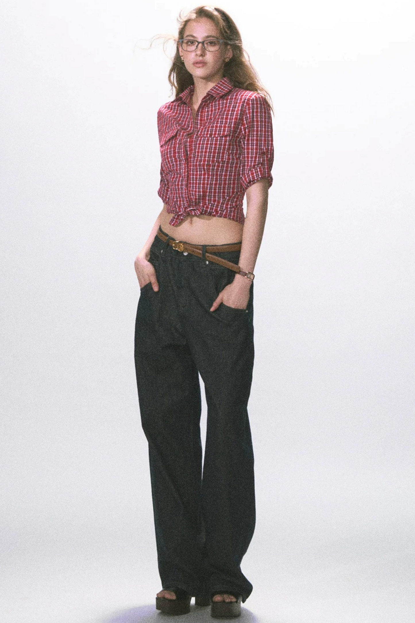 빈티지 슬림핏 체크 블라우스