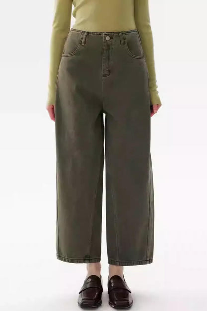Vintage Green Cotton Wide-Leg Pants