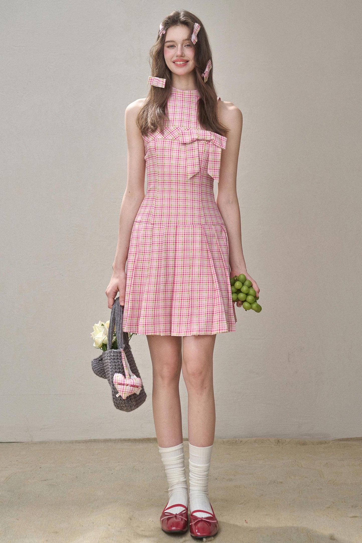 Bow Halterneck Plaid Dress