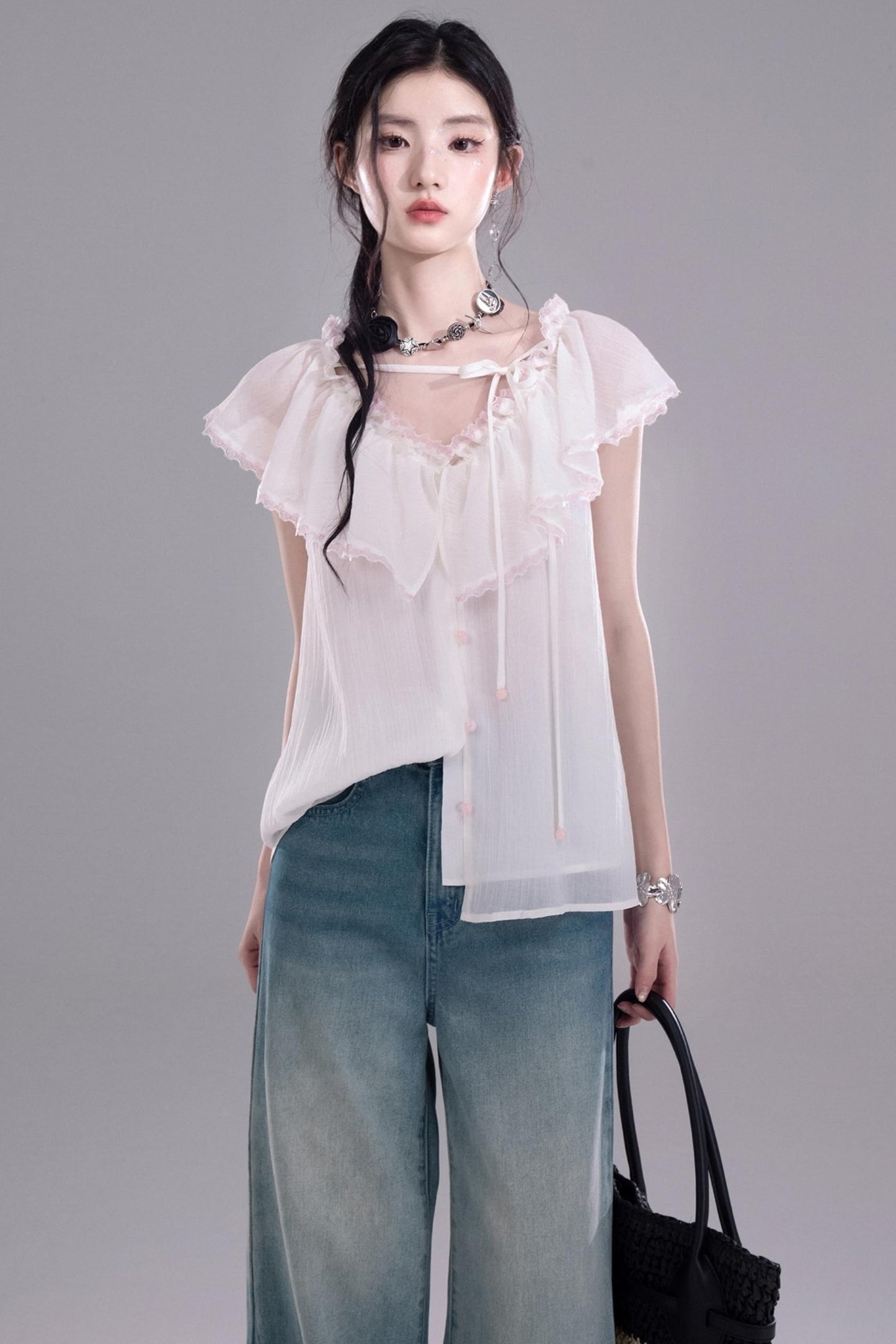 Sea Lace V-Neck Chiffon Top