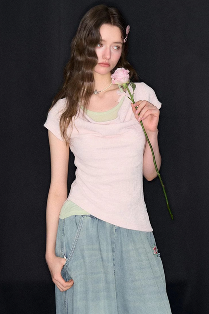 Flared Collar Pink Halter Neck Top