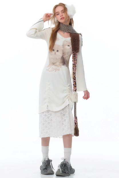 Lace Splicing Cat V-Neck Knitted Dress