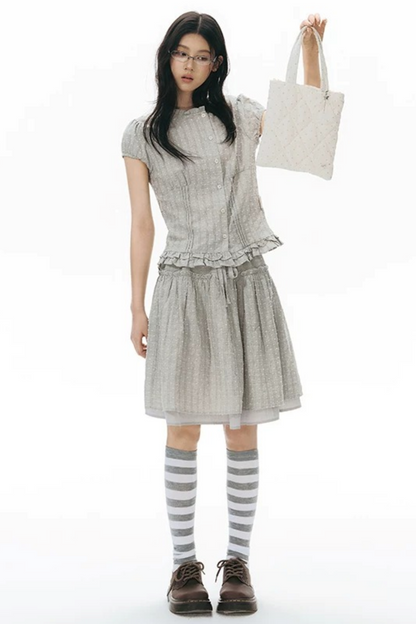 Ruffle Drawstring Blouse & Skirt Set-Up