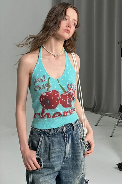 Neckholder-Oberteil mit Punkten und Kirschmuster