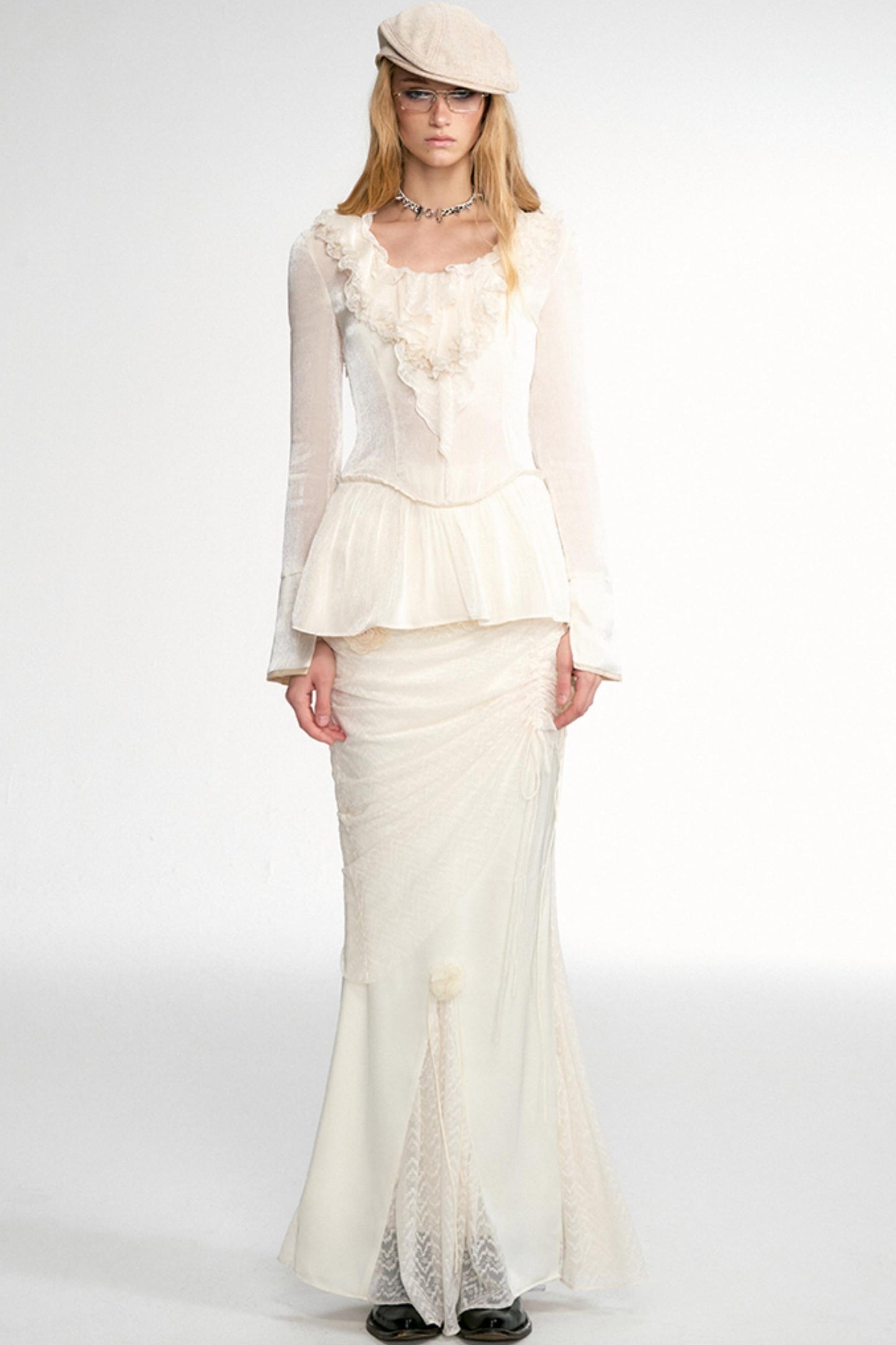 Cream Tailored Lace Satin Fishtail Skirt