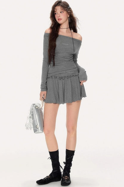 Gentle Embroidered One-Shoulder Top Skirt Set