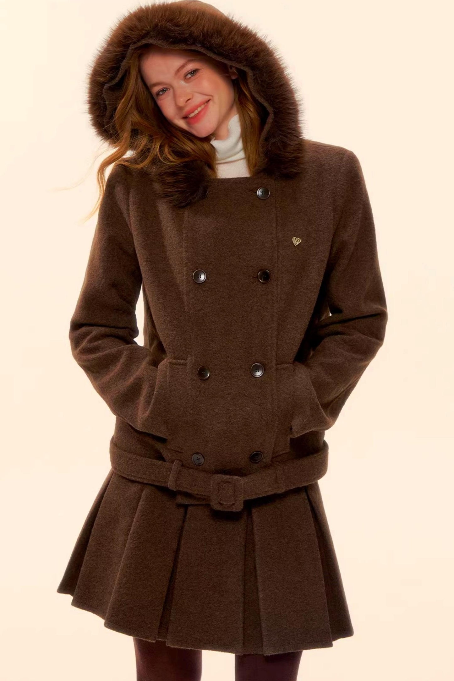 Retro Coffee Woolen Coat Skirt Set-Up