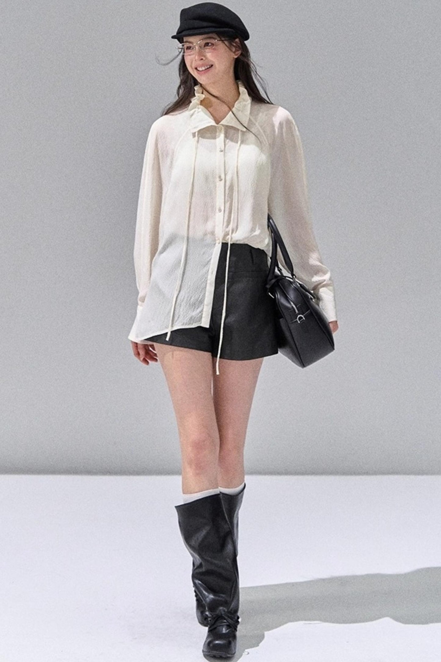 Fungus Edge Collar Drawstring Lace-up Shirt