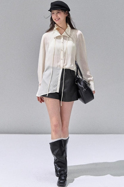 Fungus Edge Collar Drawstring Lace-up Shirt