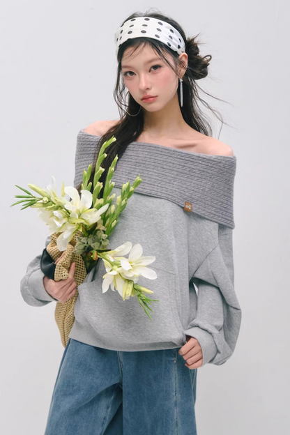 One-Line Collar Patchwork Sweater