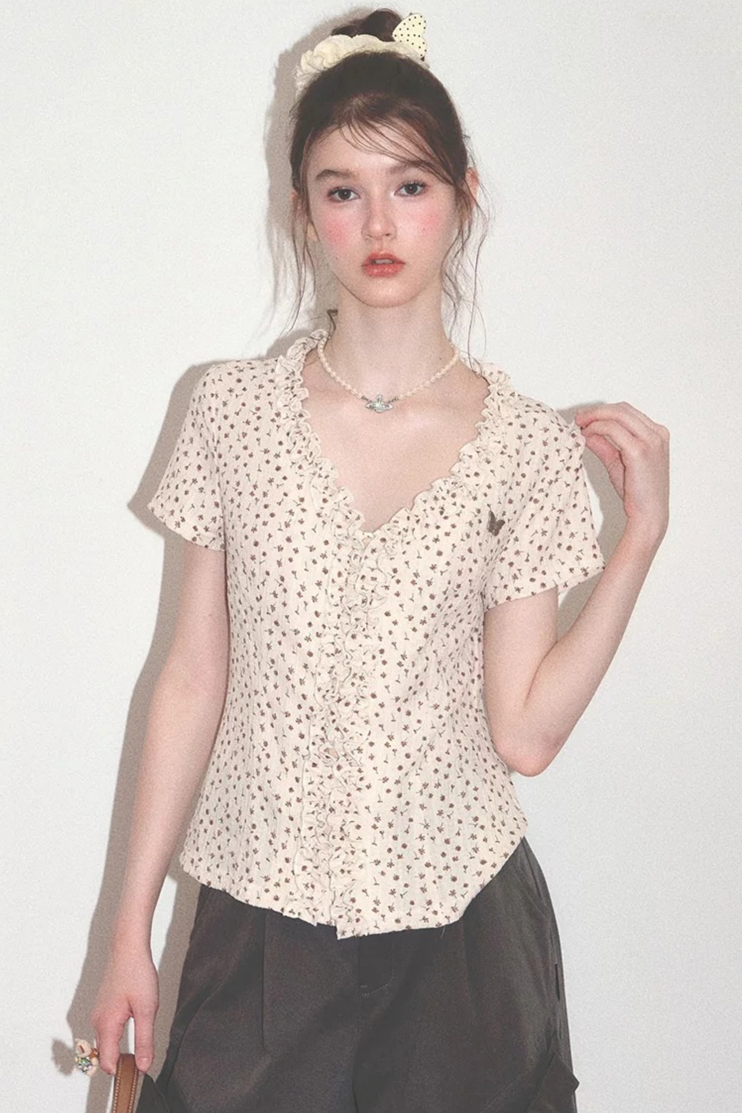 Apricot Polka Dot Lace V-Neck T-Shirt