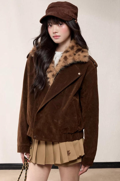 Leopard Print Fur Collar Jacket