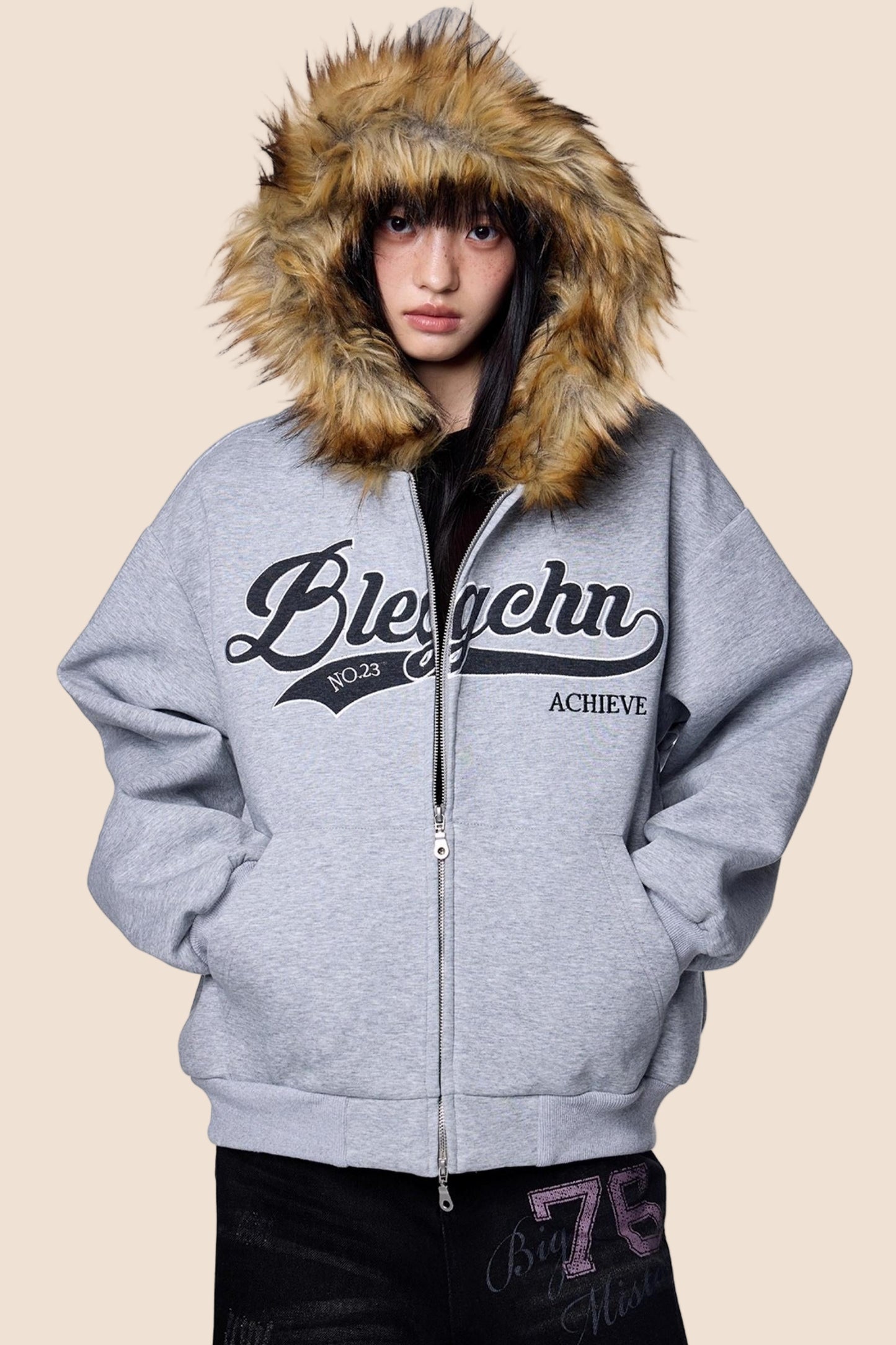 Embroidered Fur Collar Hooded Cardigan