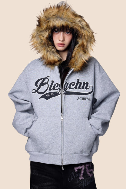 Embroidered Fur Collar Hooded Cardigan