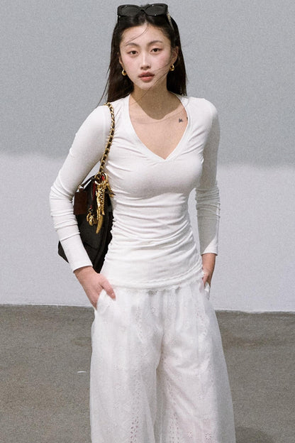 Lace V-Neck Slim Knit Top