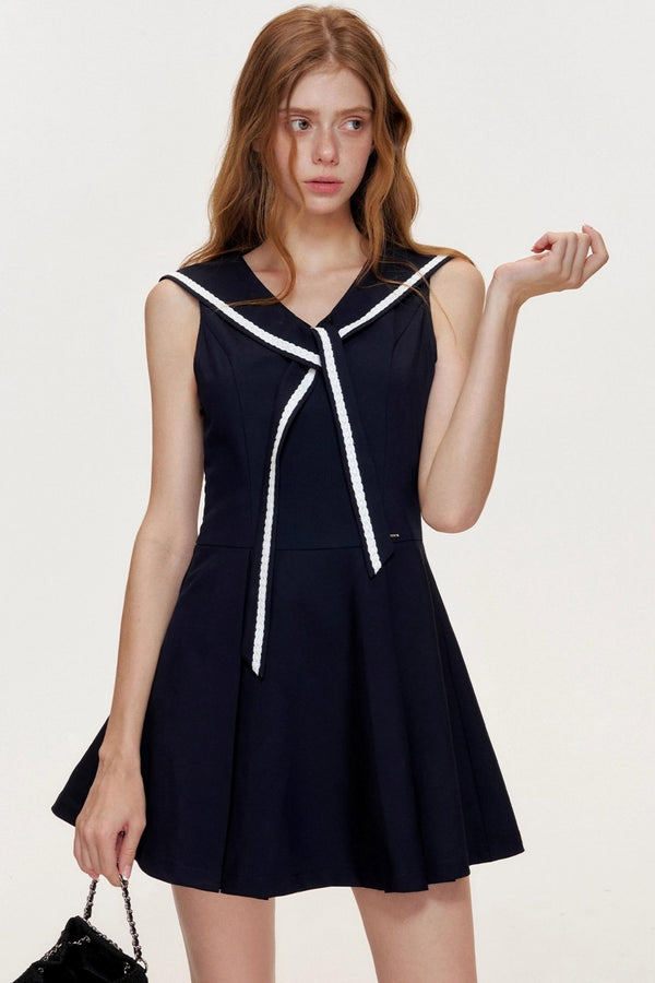 NavyCore Floral Tie Waist Dress