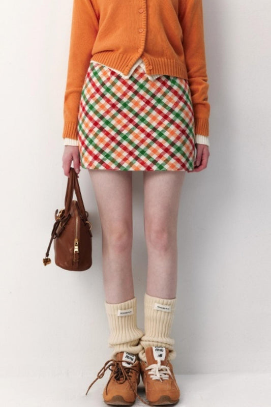 Rainbow Plaid Woolen Skirt