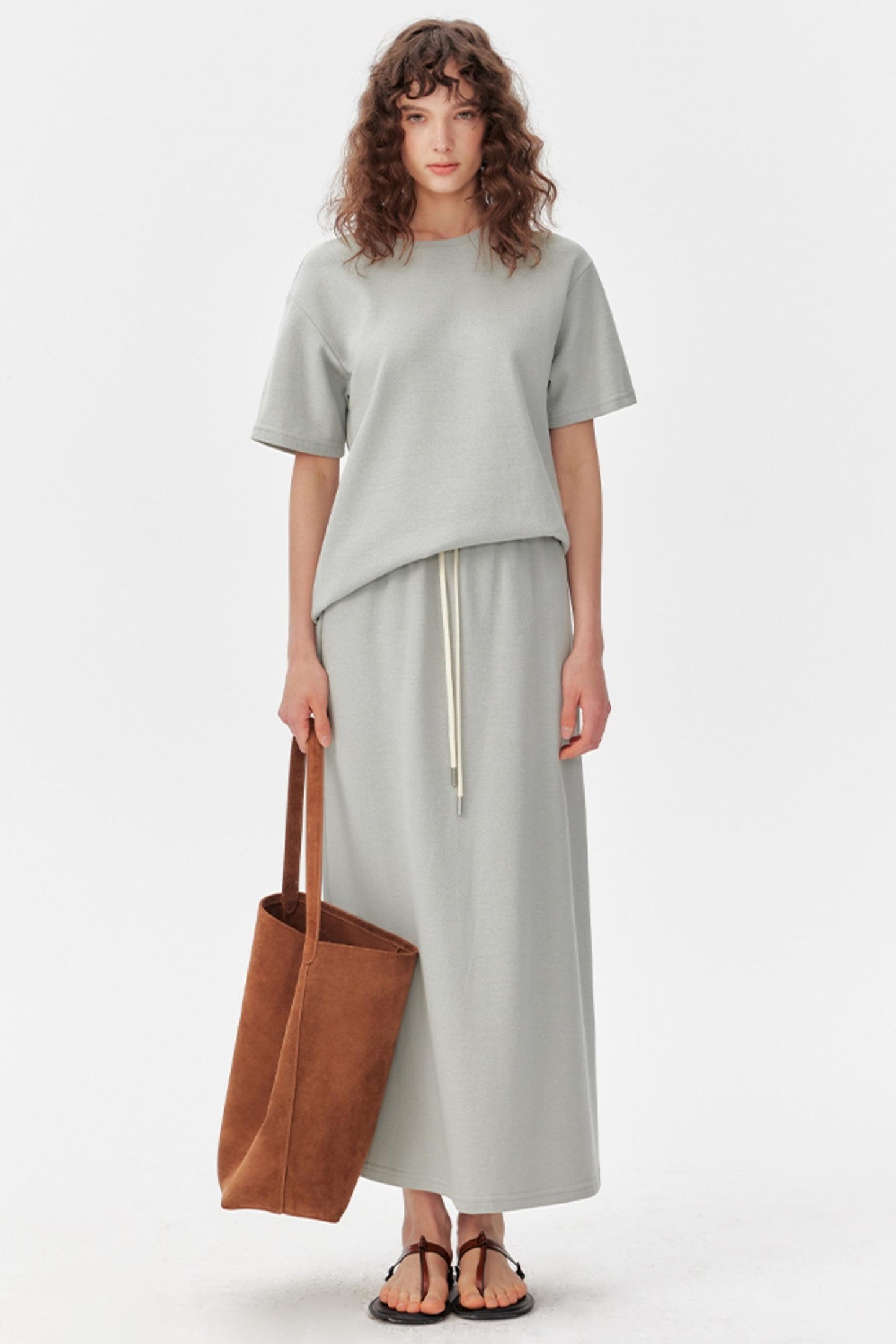 Grey Textured T-Shirt And Skirt Set-Up