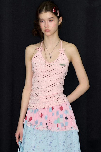 Rosa gepunktetes Neckholder-Tanktop