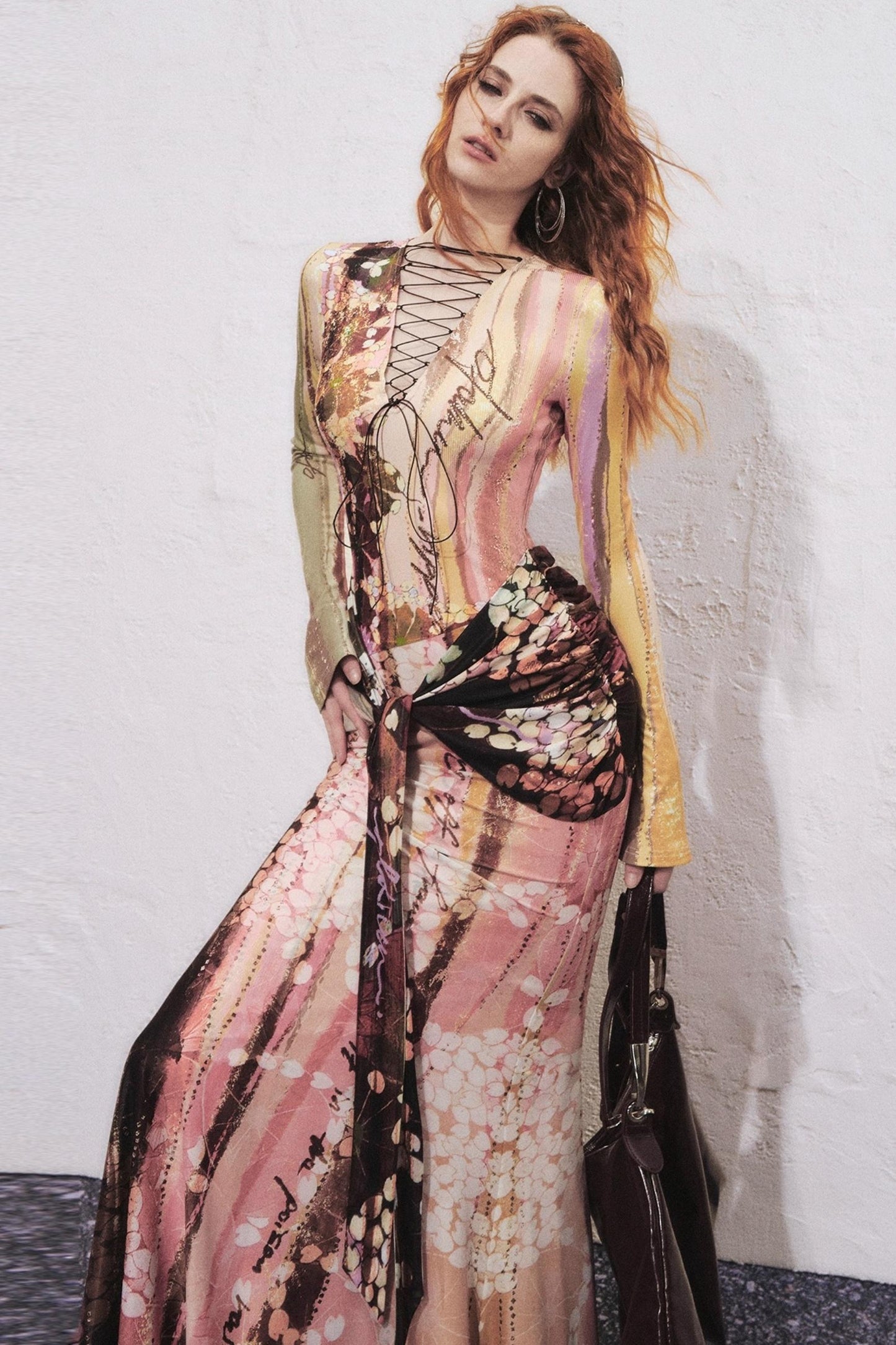 Lotus Print Fake Two-Piece Mermaid Dress