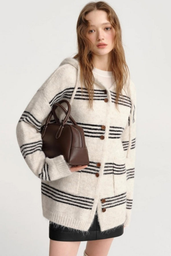 Striped Wool Hooded Knit Cardigan