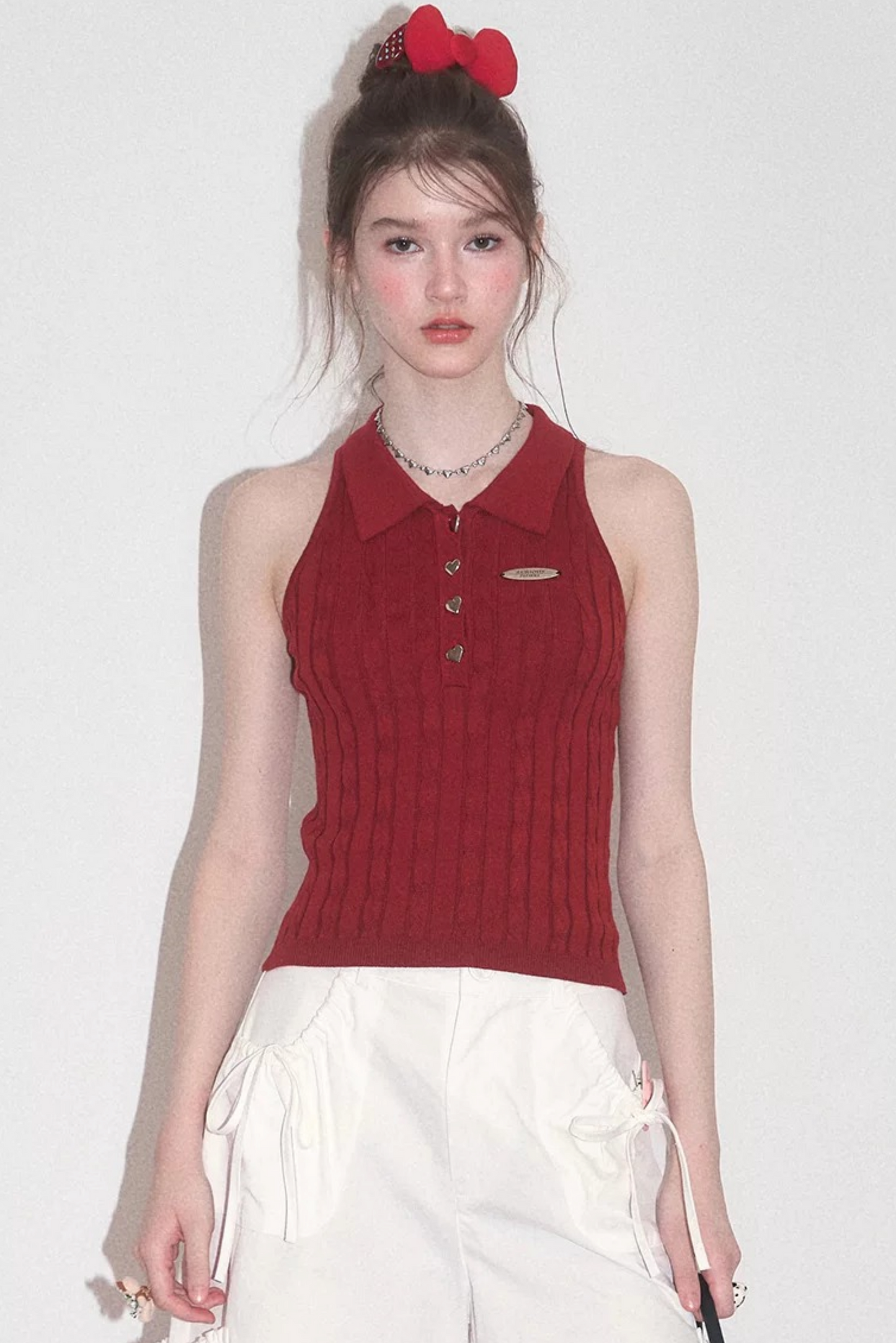 Red Knit Polo Collar Tank Top