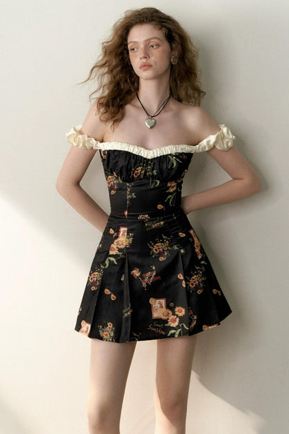 Floral One-Shoulder Black Bustier Dress