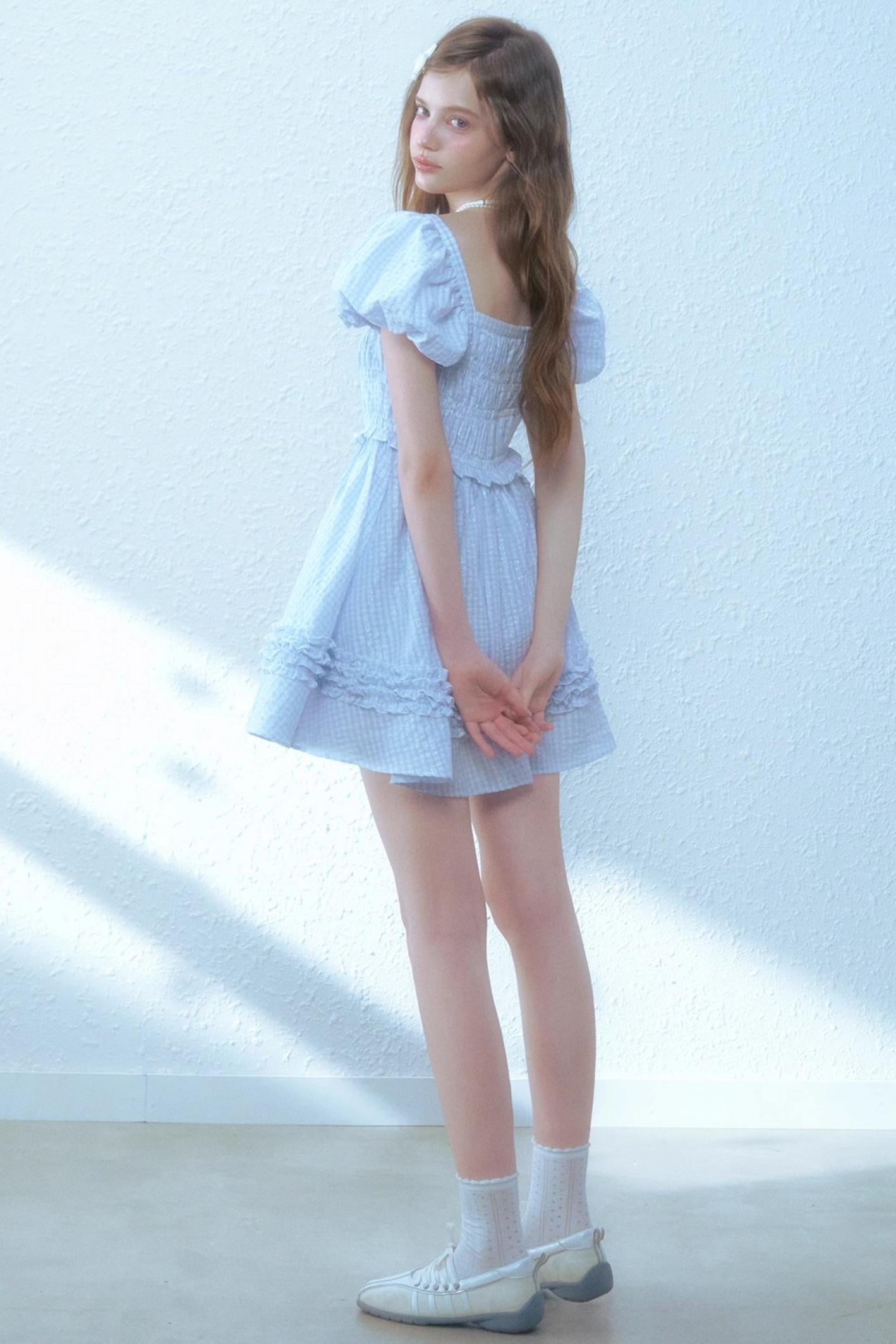 Blue Plaid Bubble Sleeves Dress