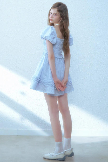 Blue Plaid Bubble Sleeves Dress