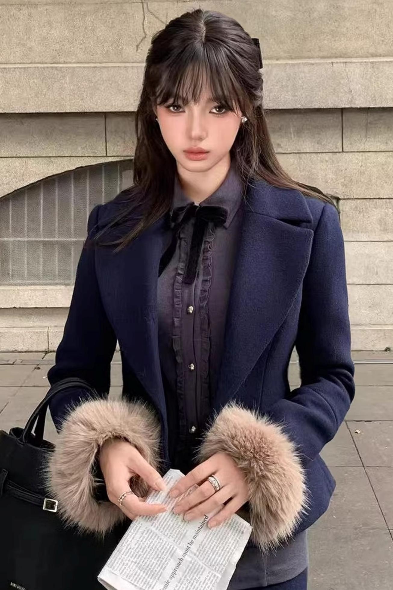 Navy Blue Velvet Wool Suit Set-Up