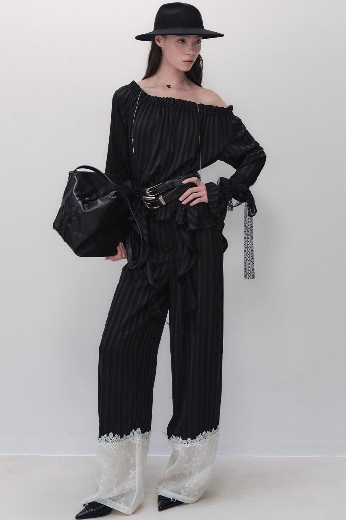 Flowing Tencel Embroidered Striped Straight-leg Pants