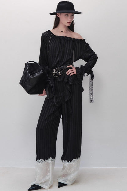 Flowing Tencel Embroidered Striped Straight-leg Pants