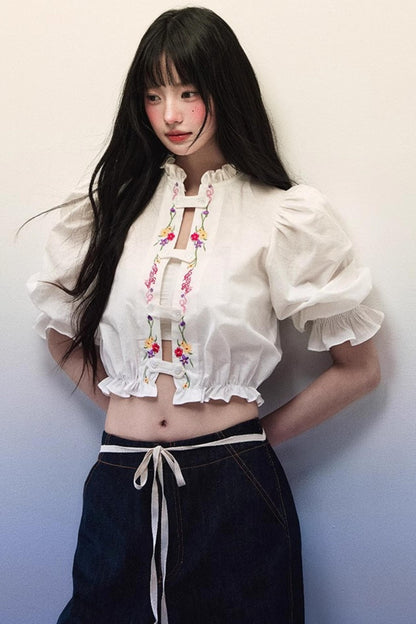 Linen Bubble Sleeve Blouse