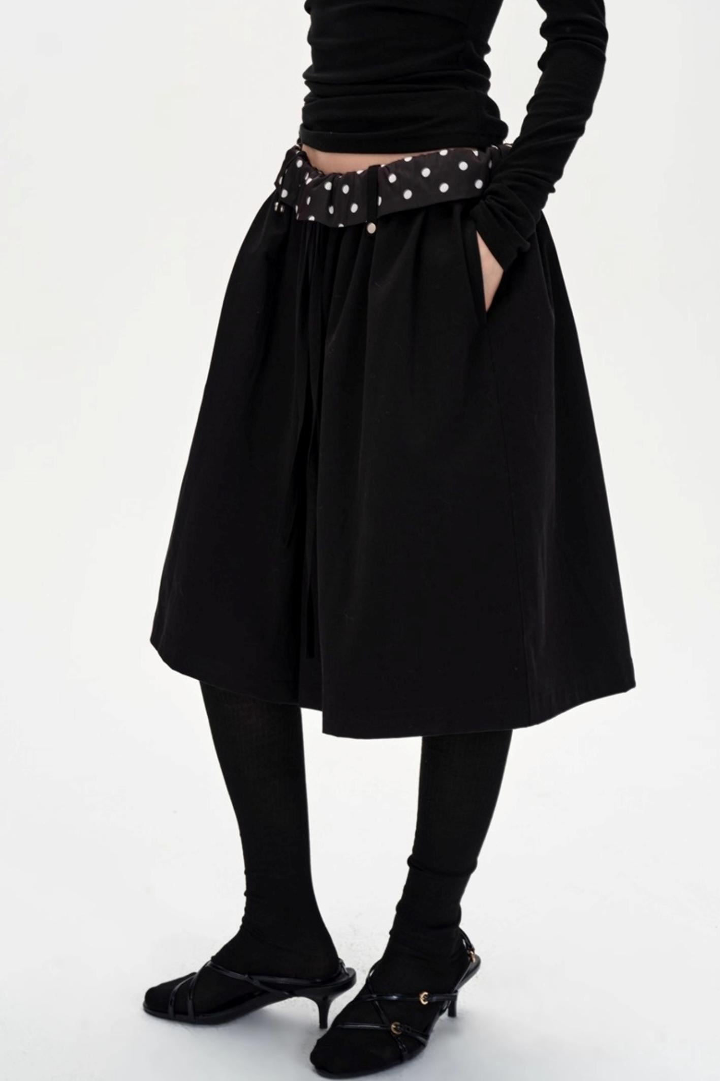 Drape Patchwork Polka Dot Waist Drawstring Skirt