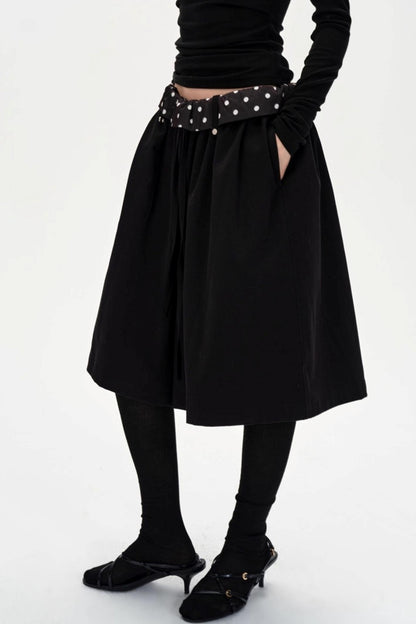 Drape Patchwork Polka Dot Waist Drawstring Skirt