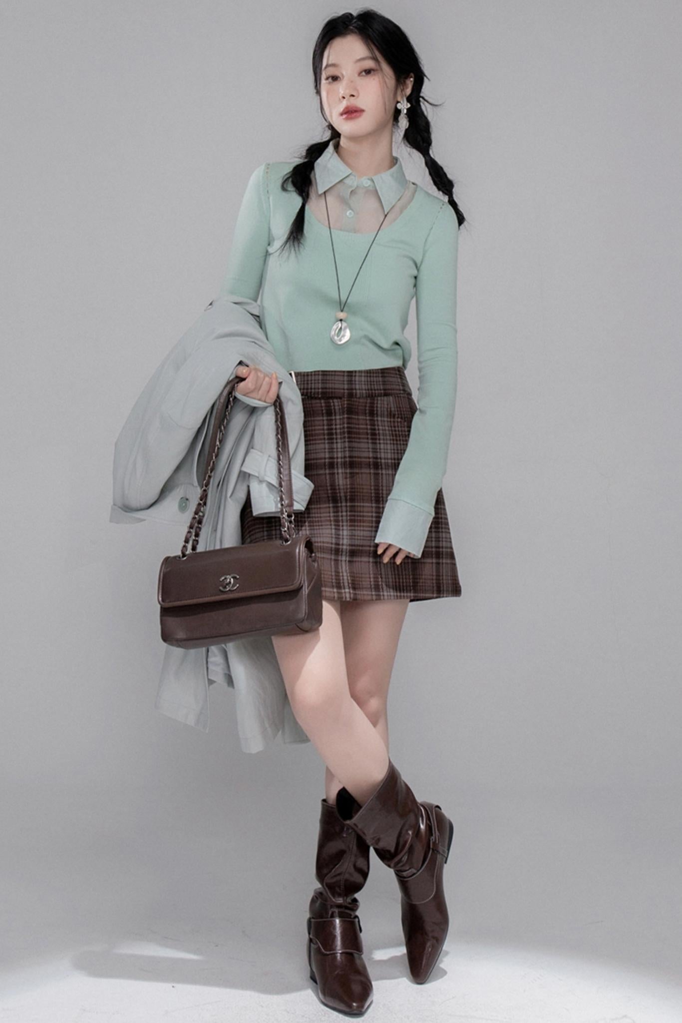 Brushed Plaid Brown Skirt