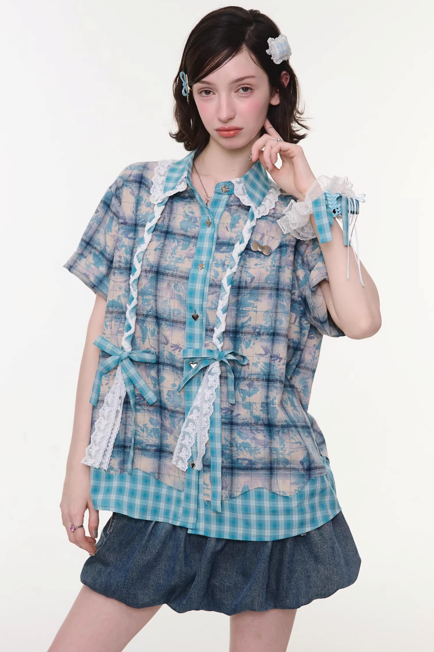 Braided Lace Plaid Blouse