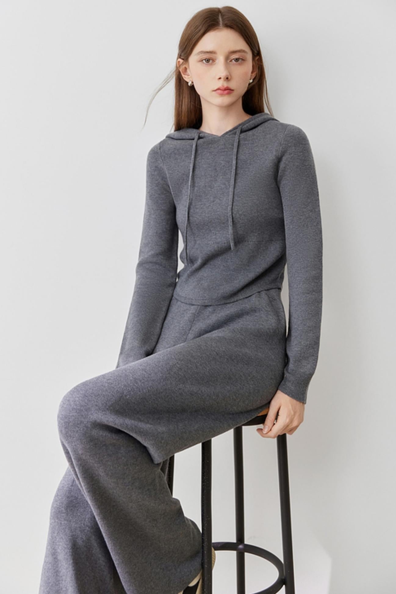 HOODED KNIT SWEATER & WIDE-LEG PANTS SET