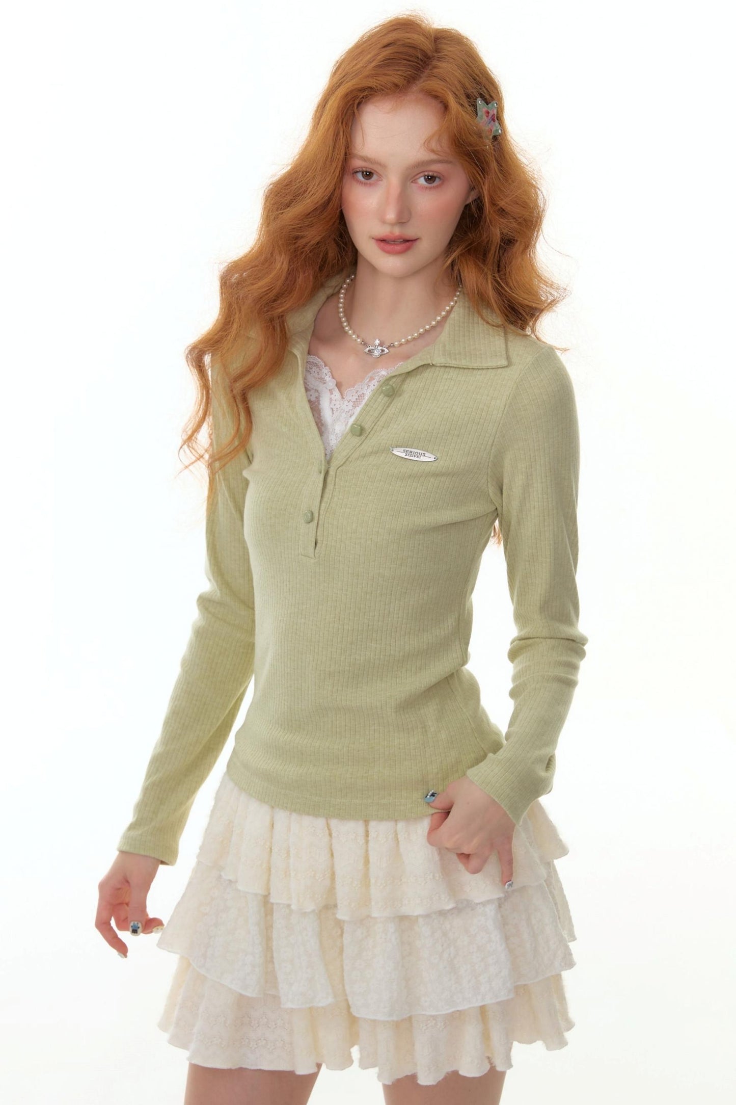 American Lace Polo Collar Knit Top