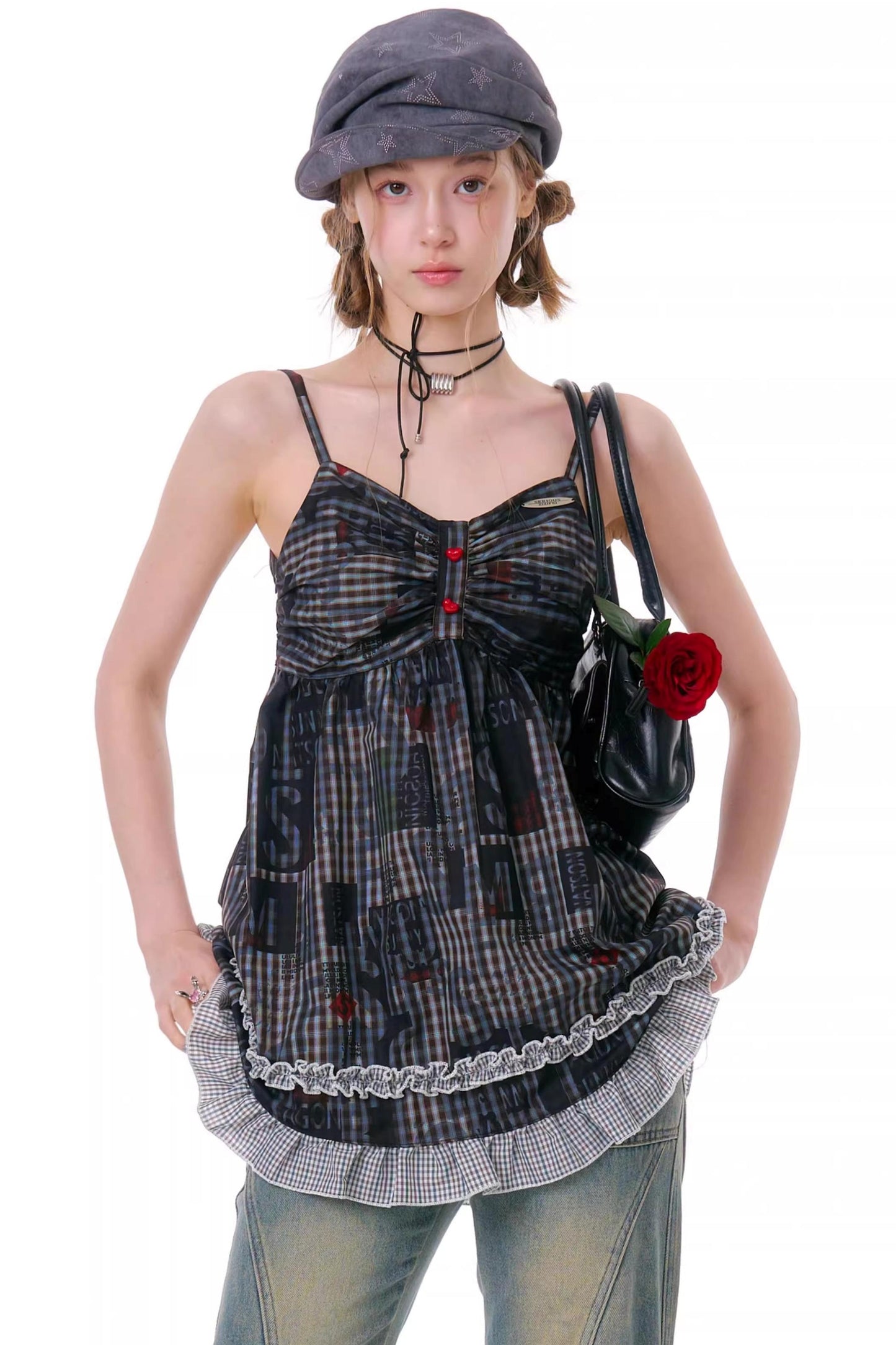 Retro Plaid Lace Strap Top